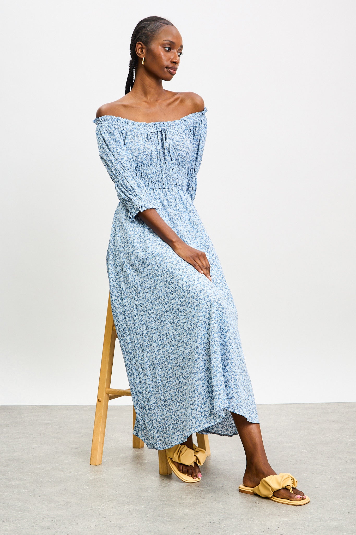 Blue and ivory ditsy floral off shoulder midi dress_5