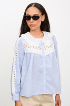Blue and ivory striped eyelet collar blouse_1