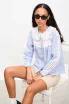 Blue and ivory striped eyelet collar blouse_5