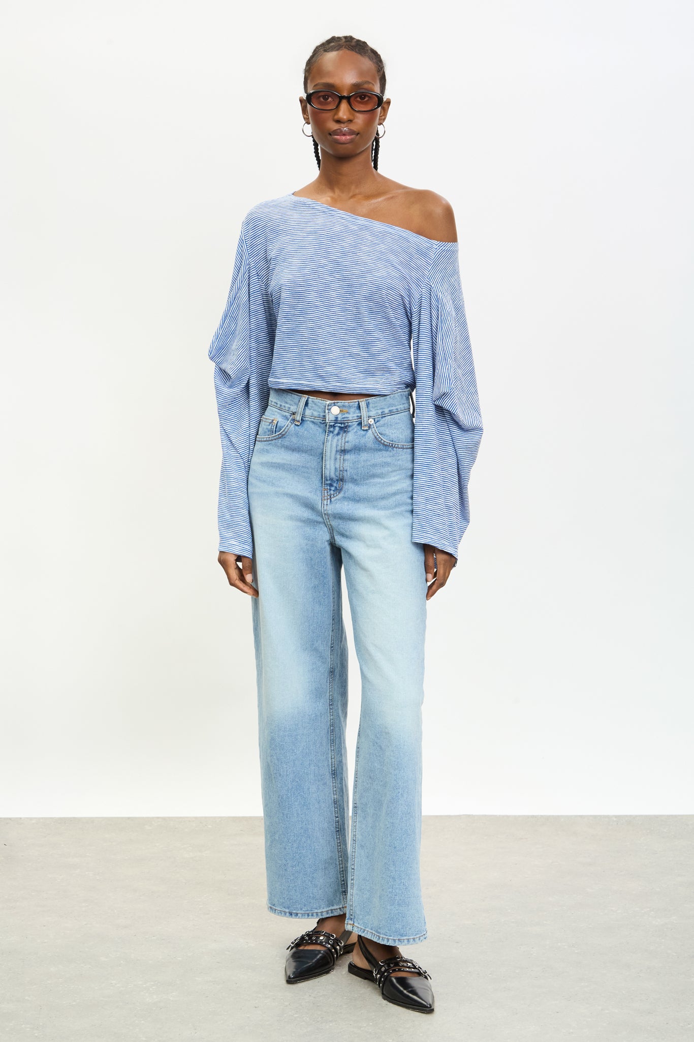 Blue and ivory striped off shoulder slouchy top | Glassworks London