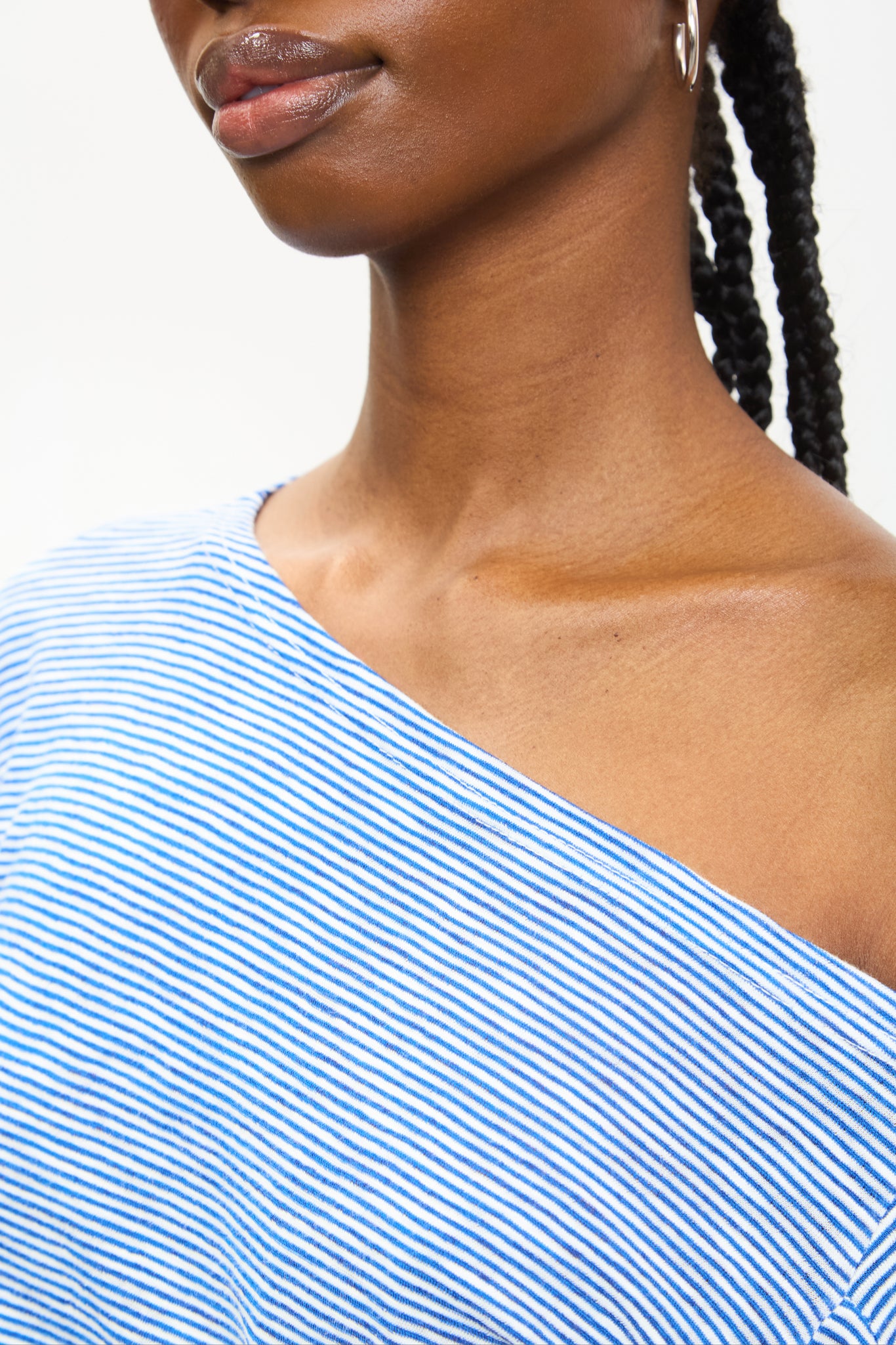 Blue and ivory striped off shoulder slouchy top | Glassworks London