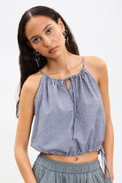 Blue and ivory vertical thin strap side cinch tank_1