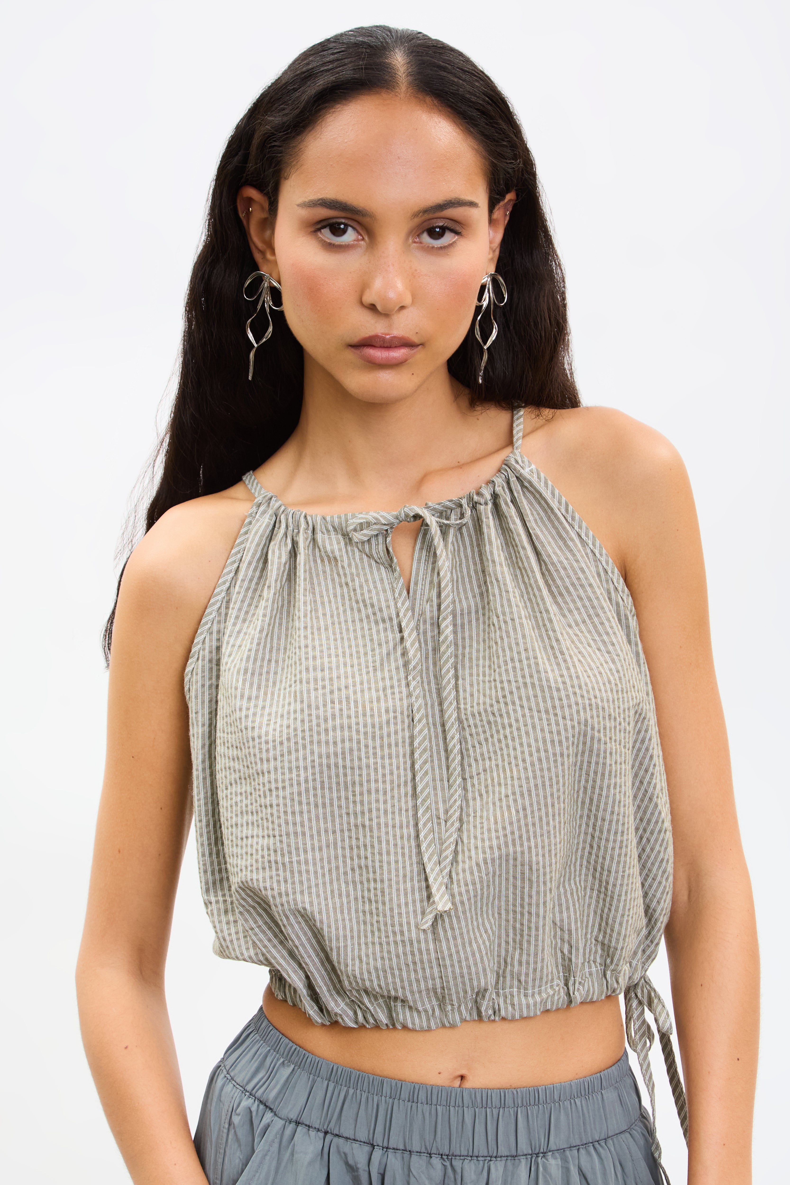 Khaki and ivory vertical thin strap side cinch tank_1