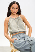 Khaki and ivory vertical thin strap side cinch tank_5