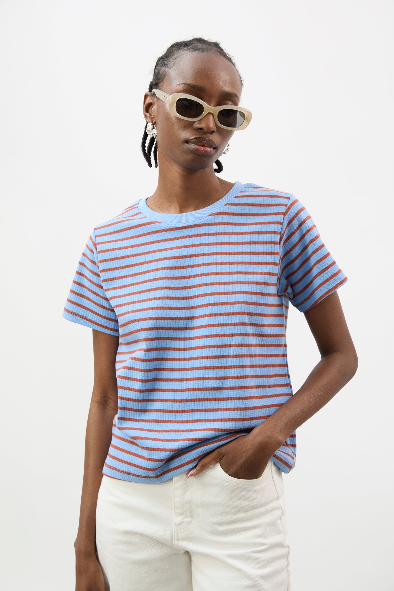 Blue and orange striped short sleeve t-shirt_1