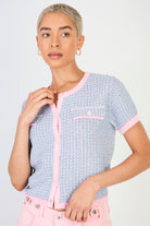 Blue and pink short sleeved mix knit cardigan_1