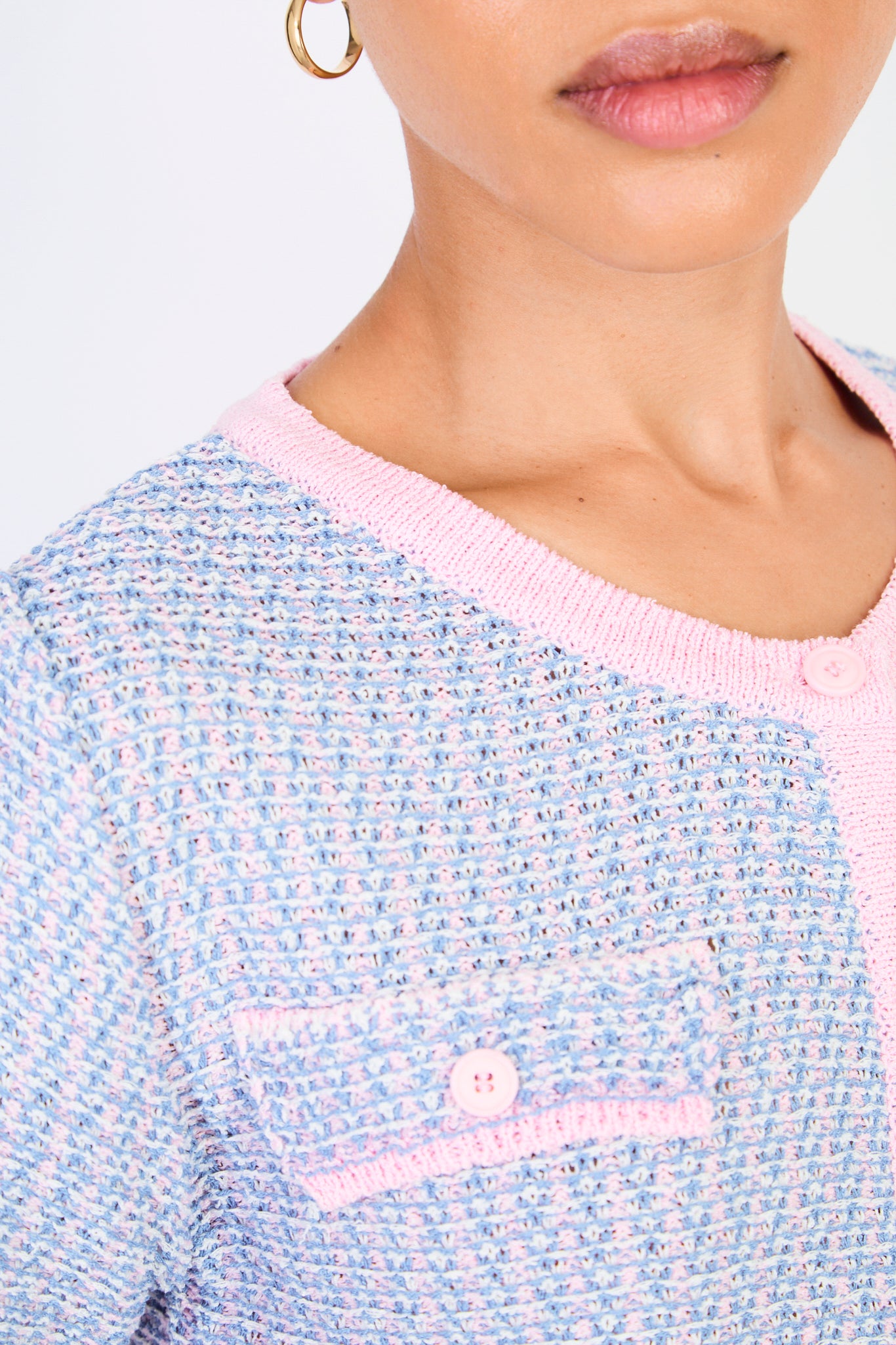 Blue and pink short sleeved mix knit cardigan_3