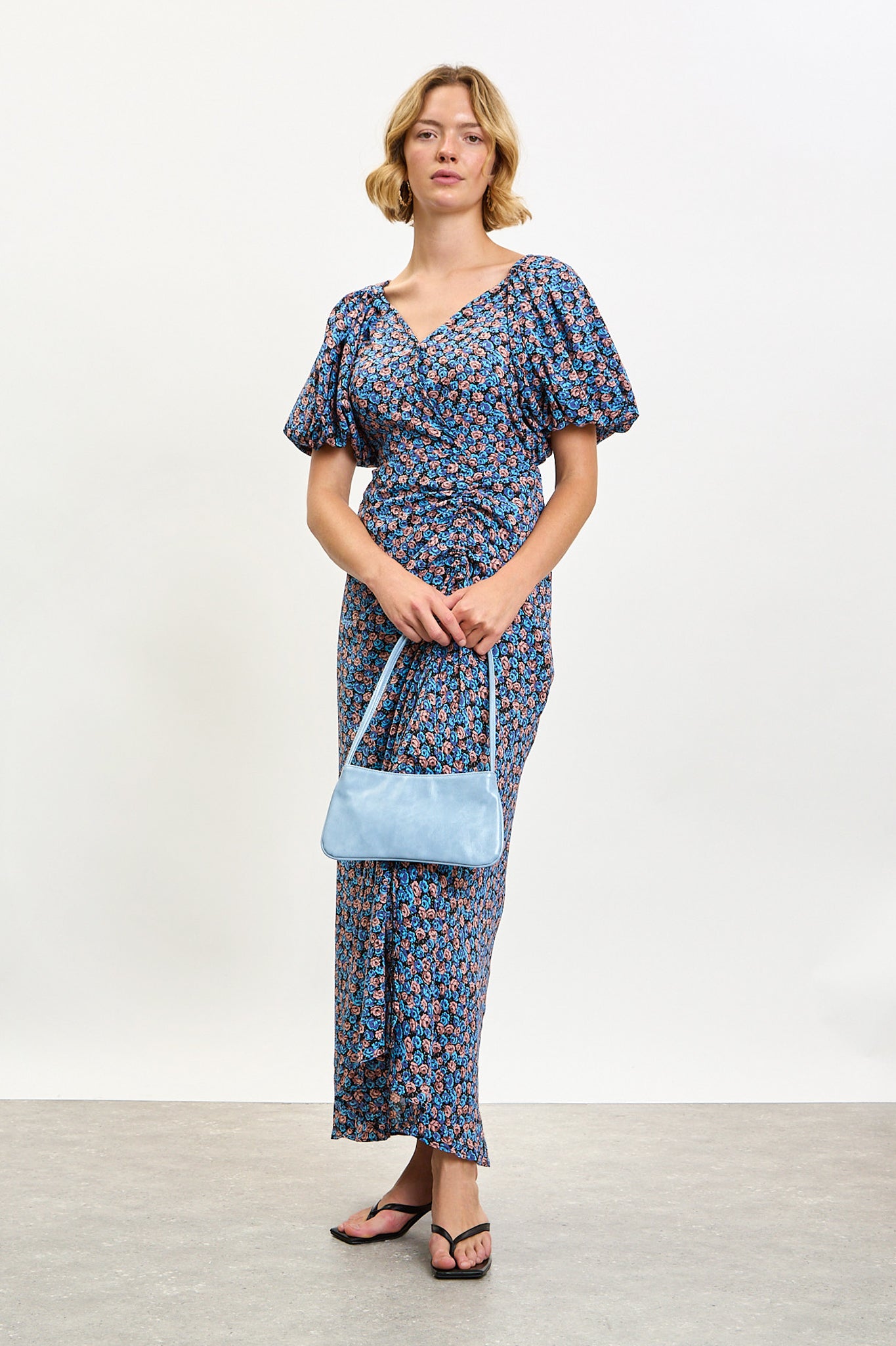 Blue and pink tiny rose print puff sleeve midi dress_1