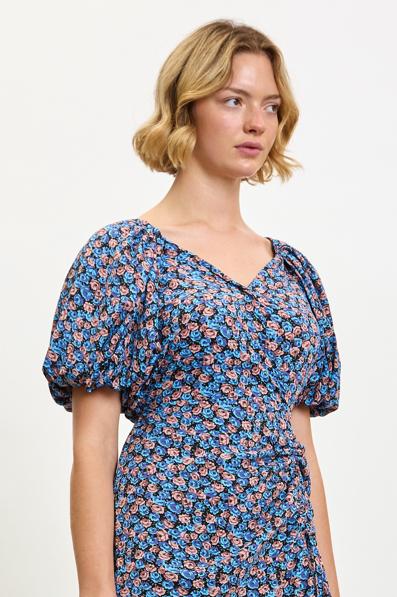 Blue and pink tiny rose print puff sleeve midi dress_3