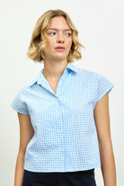 Blue and white gingham short sleeve shirt_1