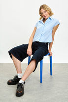 Blue and white gingham short sleeve shirt_5