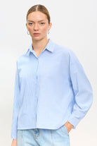 Blue and white multi striped shirt_1