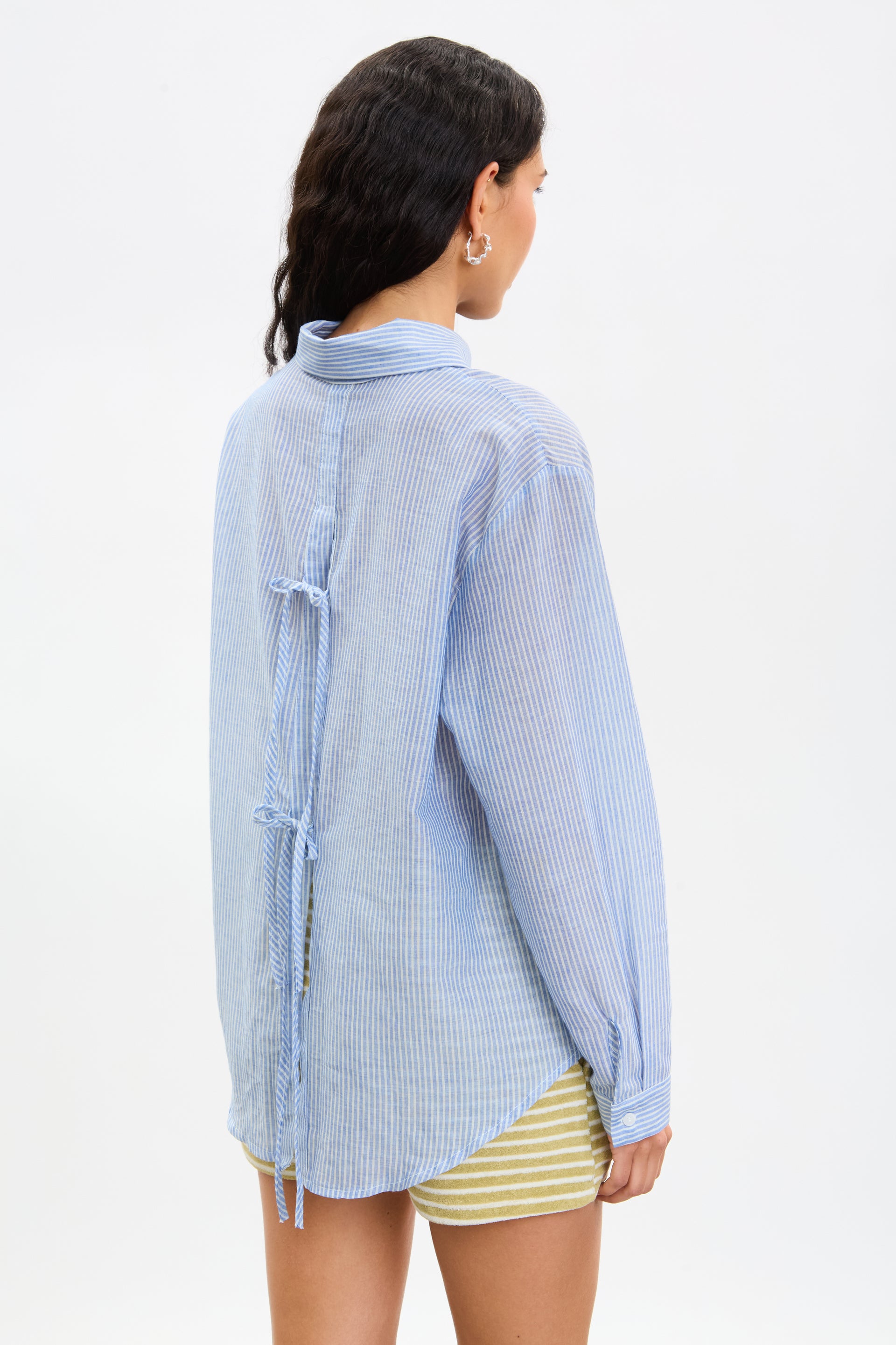Blue and white striped open tie back shirt | Glassworks London Blue and white striped open tie back shirt | Glassworks London