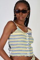 Blue and yellow abstract striped tie strap tank_1