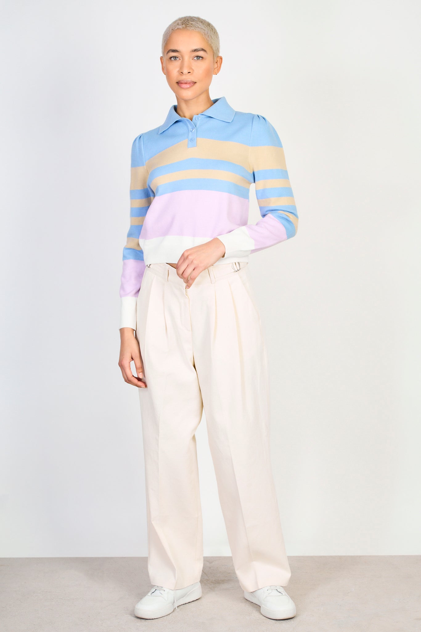 Blue beige and purple striped polo knit top_5