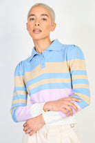 Blue beige and purple striped polo knit top_1