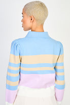 Blue beige and purple striped polo knit top_2