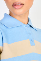 Blue beige and purple striped polo knit top_3
