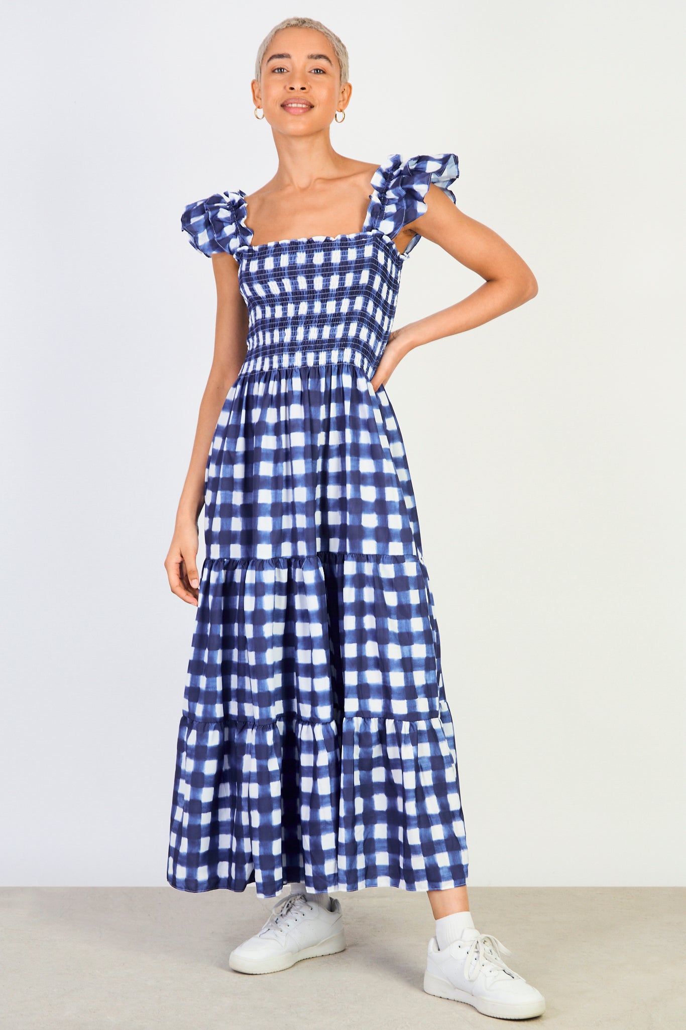 Blue checked ruched bodice tiered dress_1