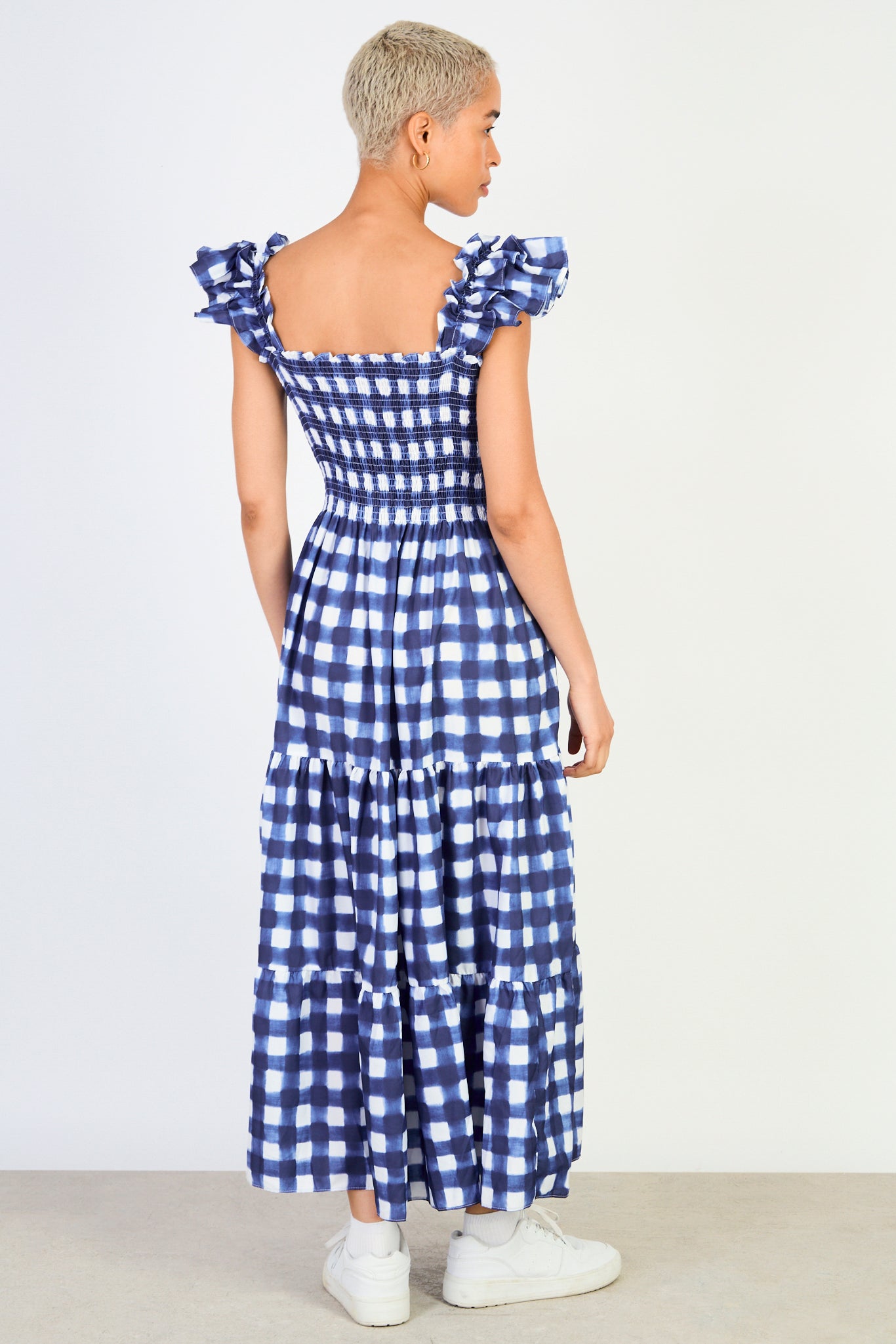 Blue checked ruched bodice tiered dress_2