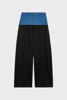 Blue denim and black jersey trousers_1
