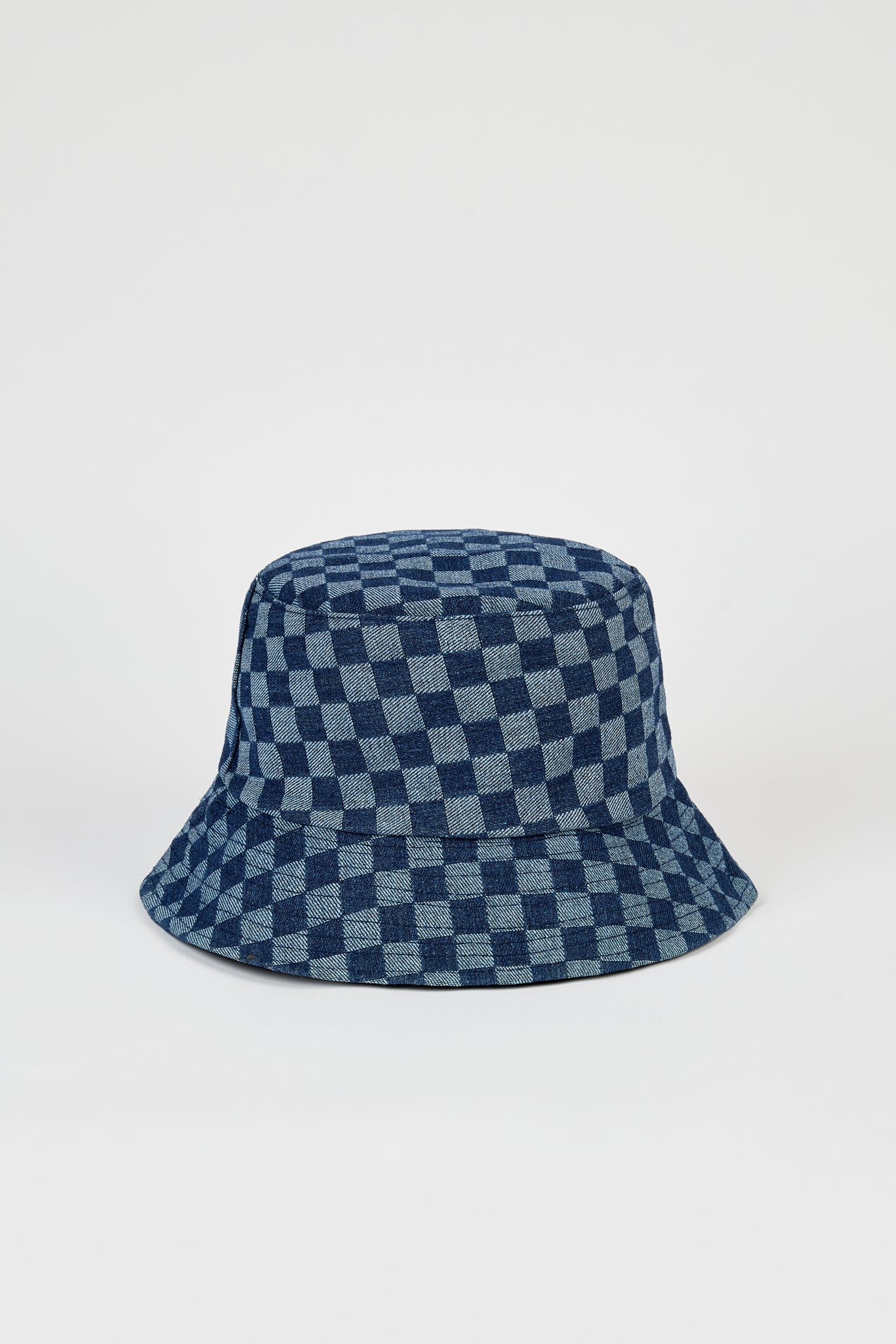 Blue denim contrast checks bucket hat_1