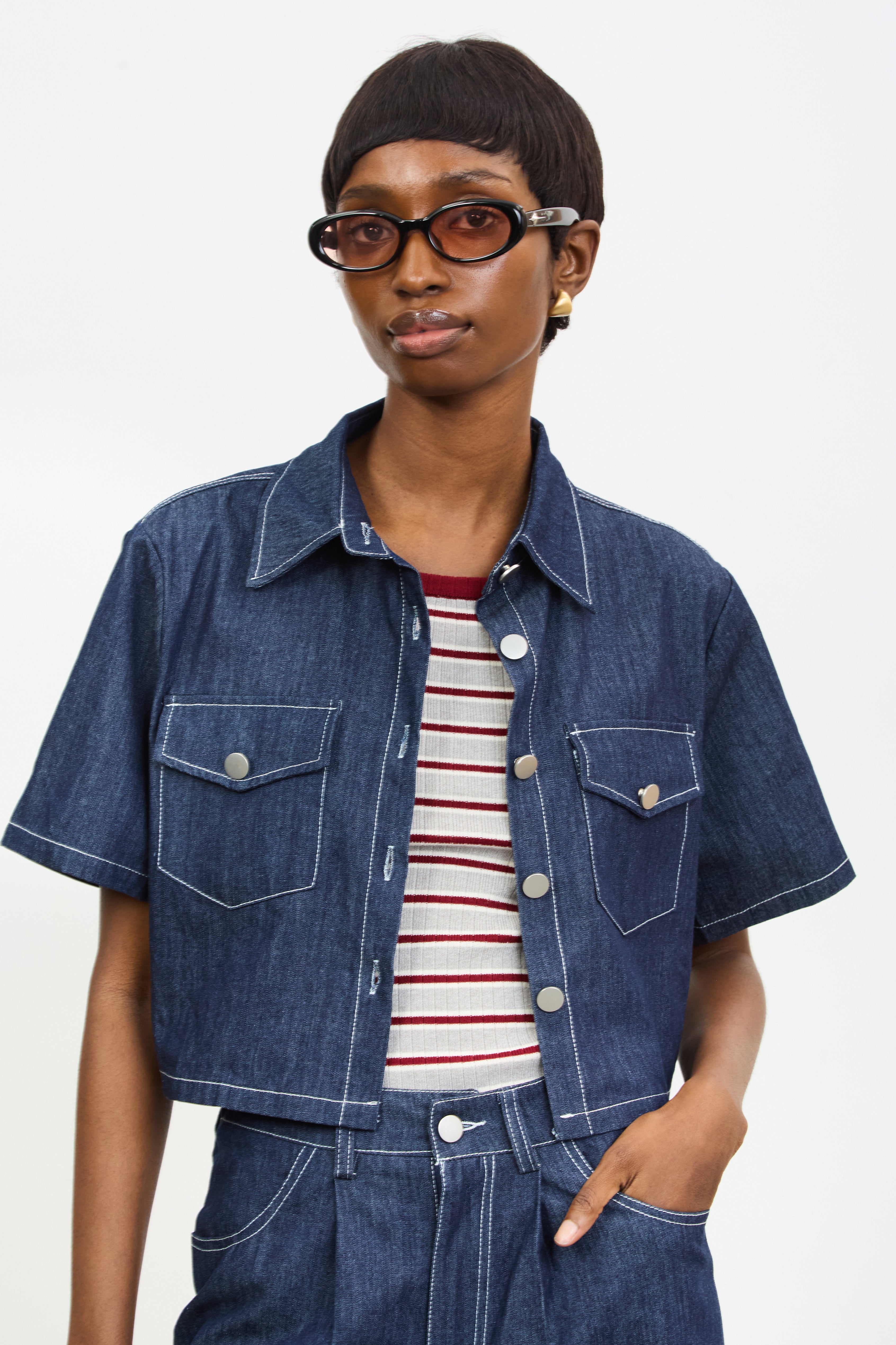 Blue denim contrast stitch short sleeve jacket_4