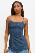 Blue denim long line contrast stitch tank_1