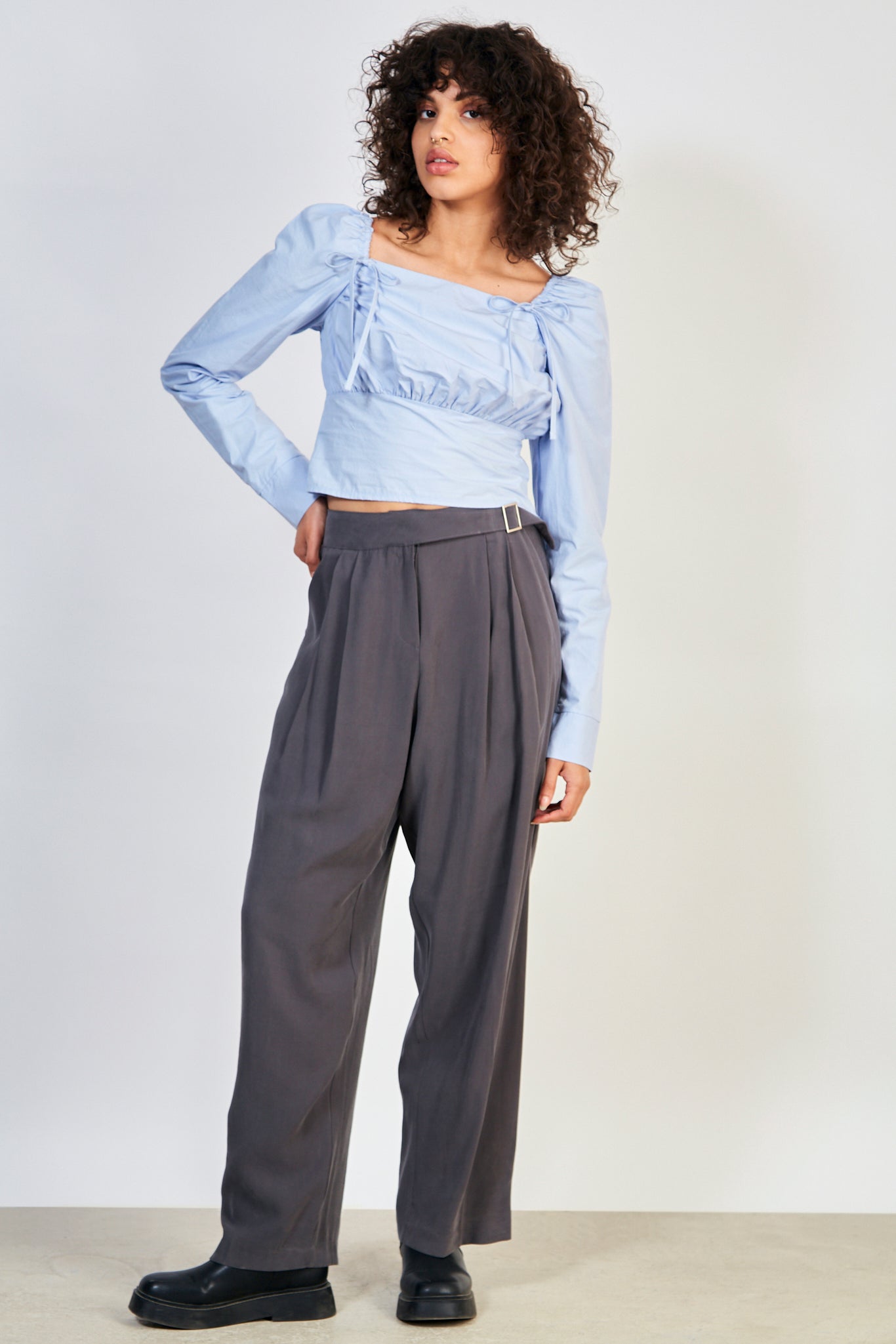 Blue double bow front sleeve fitted bodice blouse_3