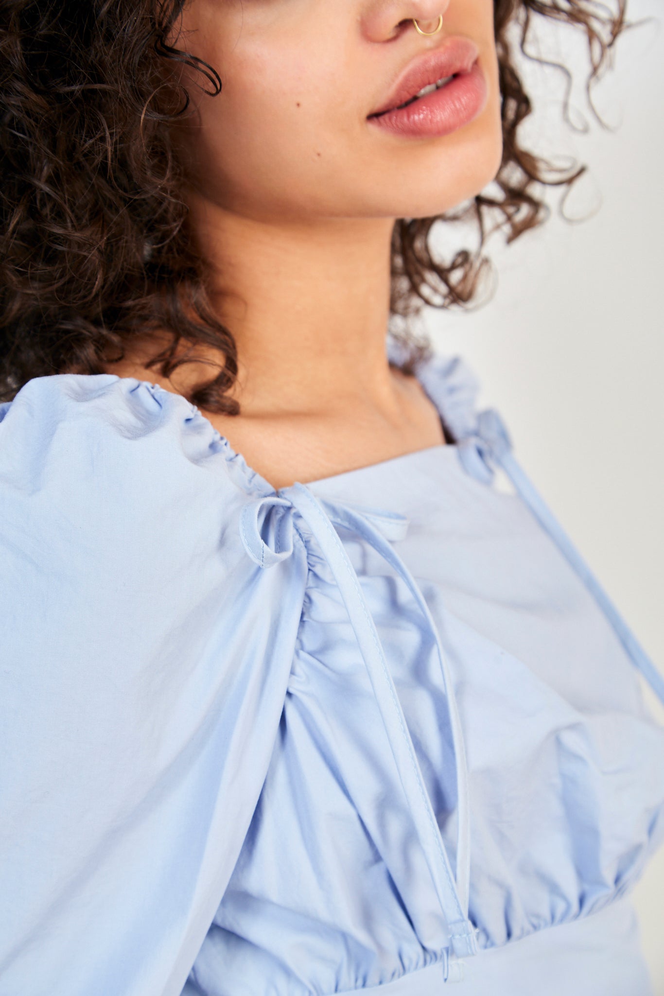 Blue double bow front sleeve fitted bodice blouse_4