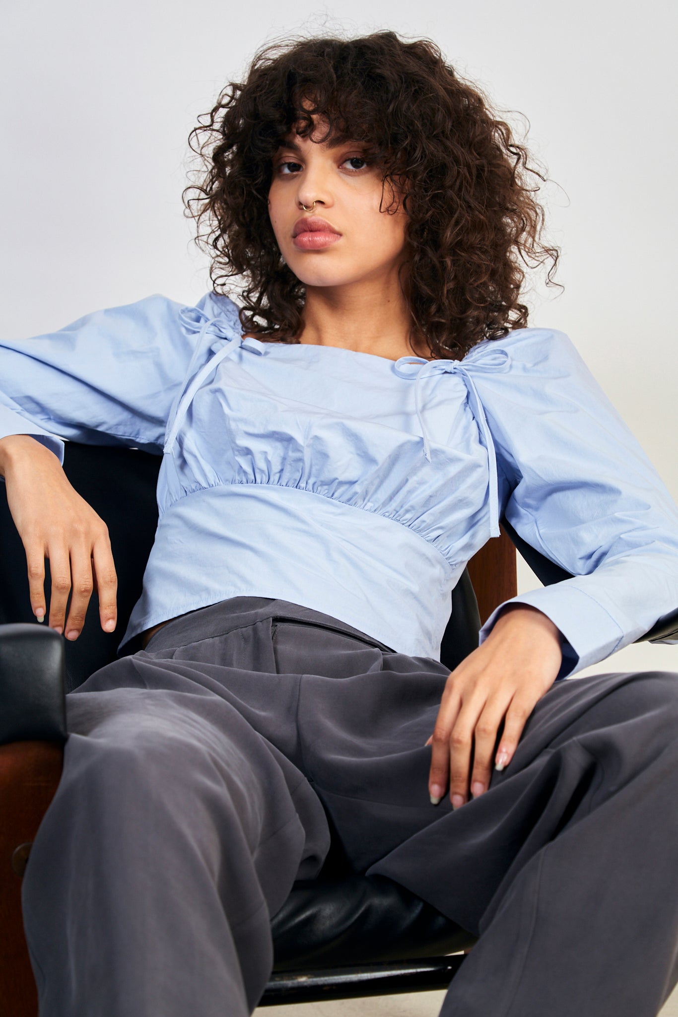 Blue double bow front sleeve fitted bodice blouse | Glassworks London