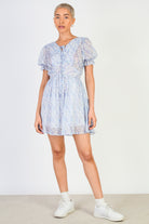 Blue floral print short sleeved mini dress_1