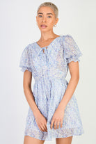 Blue floral print short sleeved mini dress_3