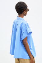 Blue gathered shoulder short sleeved shirt_2