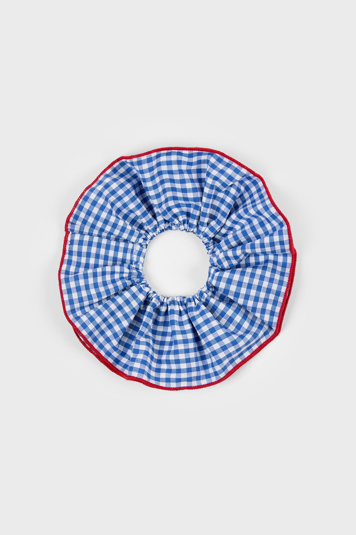 Blue gingham and red trim scrunchie_1