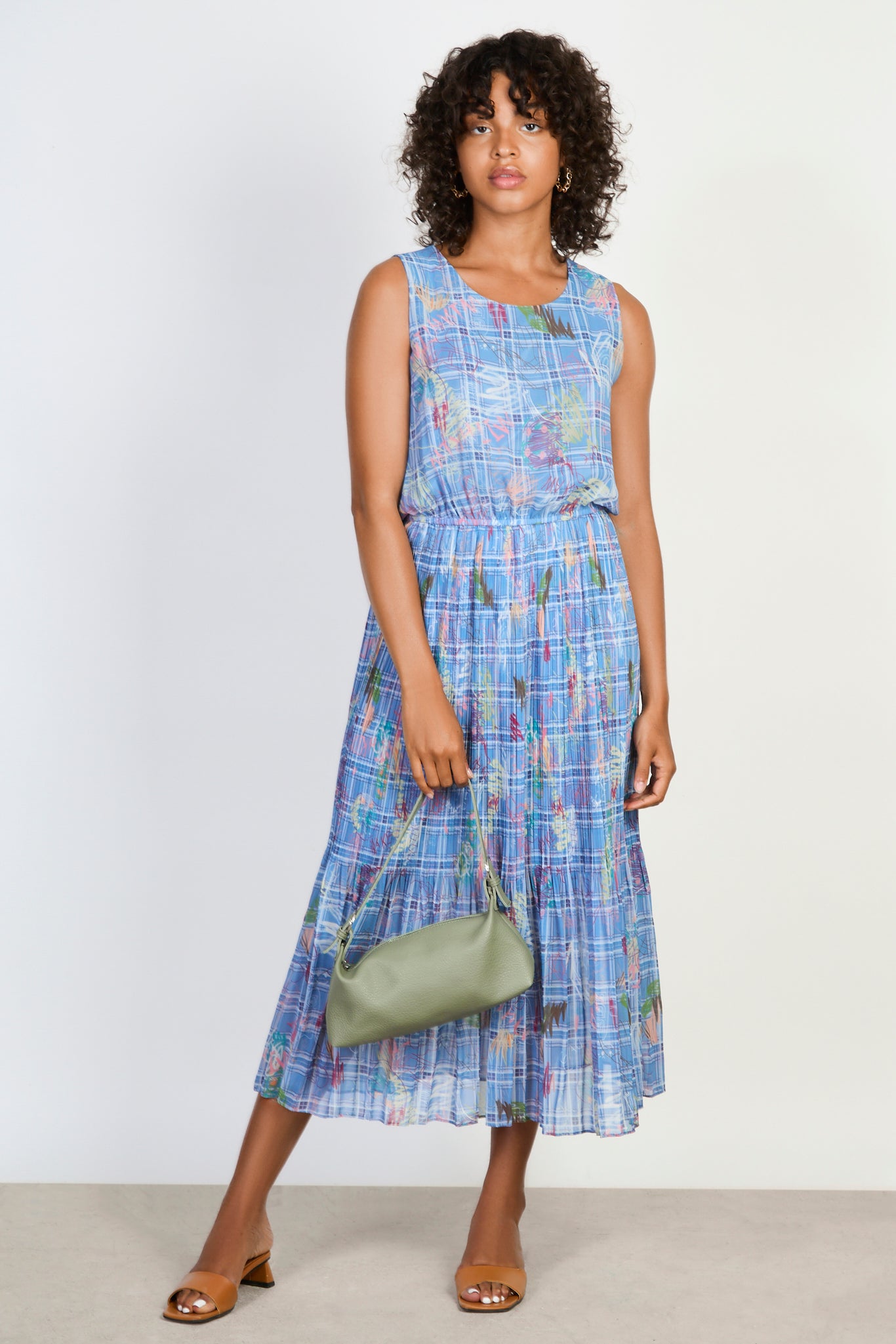 Blue graphic art print silky micro pleat maxi dress_1