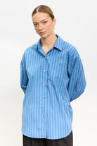 Blue multi striped asymmetric shirt_2