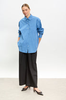 Blue multi striped asymmetric shirt_5