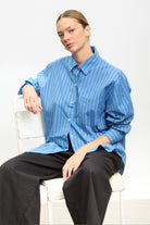 Blue multi striped asymmetric shirt_6