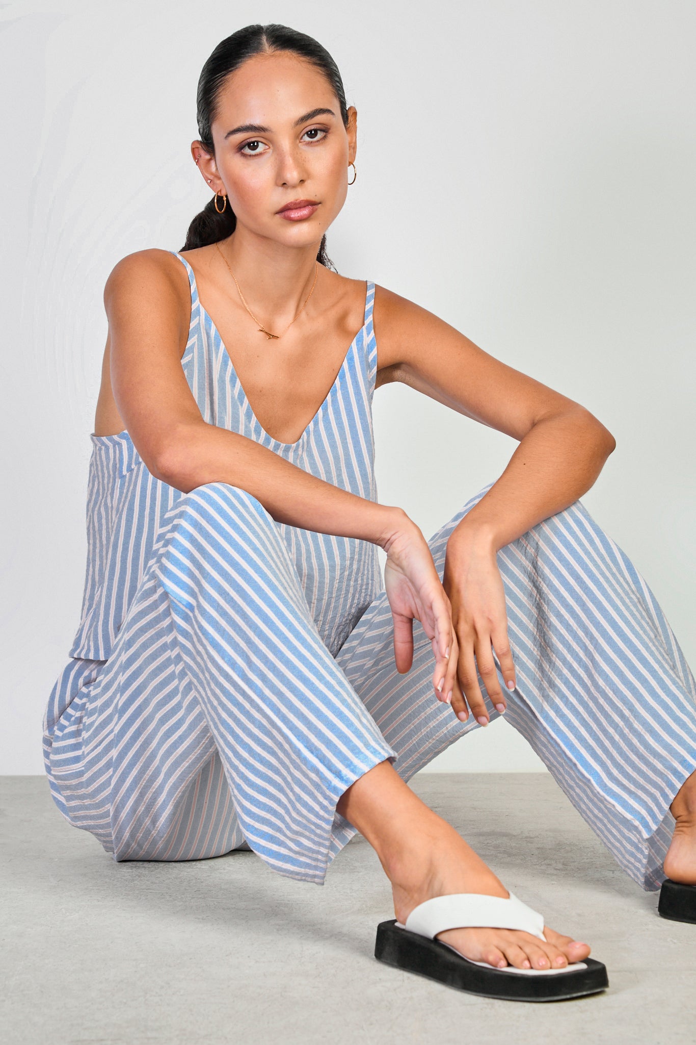 Blue pink and white vertical stripe trousers | Glassworks London
