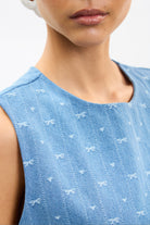 Blue ribbon printed denim mini dress_4