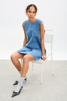 Blue ribbon printed denim mini dress_5