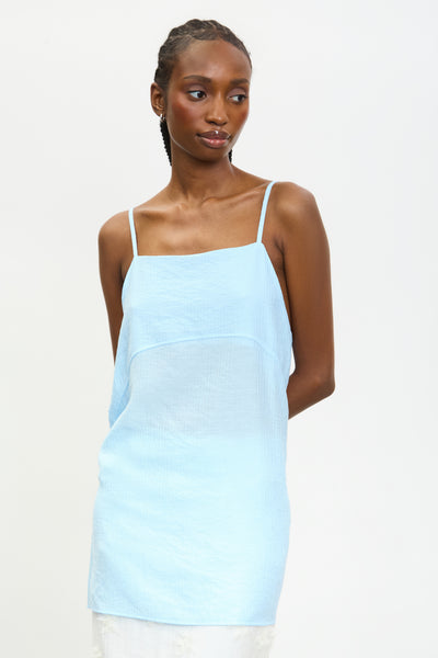 Blue semi sheer long thin strap tank | Glassworks London