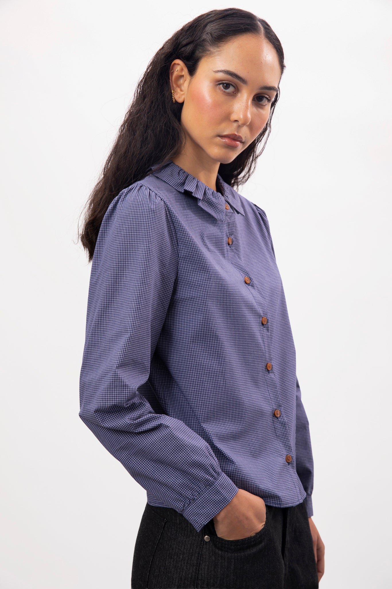 Blue small ruffle collar blouse_2