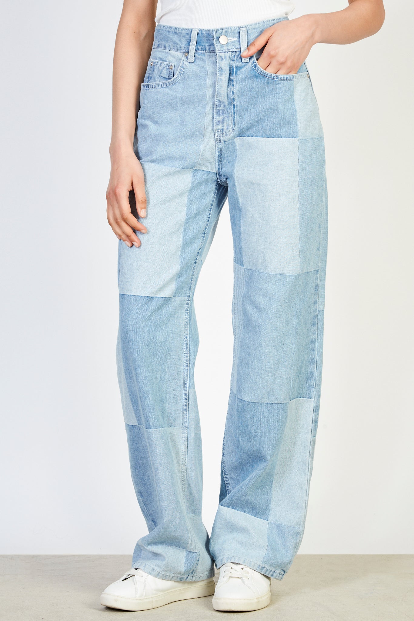 Blue washed denim check jeans