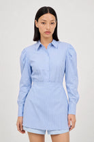 Blue vertical striped wrap waist shirt_1