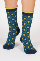 Blue and yellow tiny tulip print socks_4