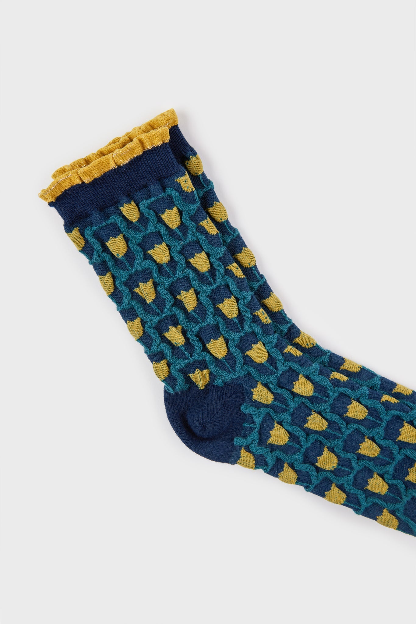 Blue and yellow tiny tulip print socks_3