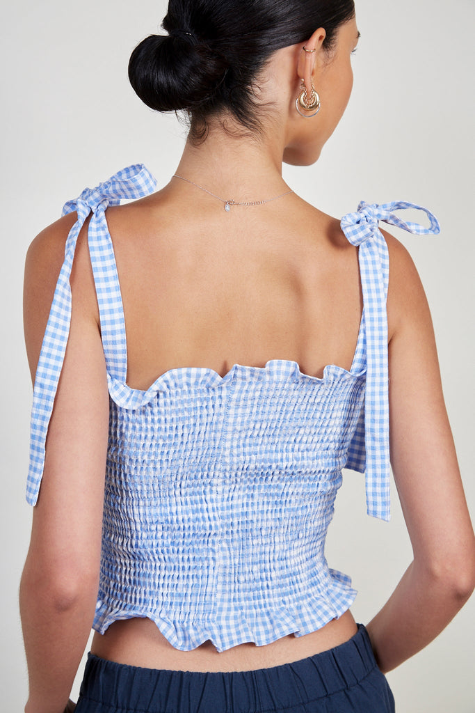 Blue gingham ruched tie strap tank_2