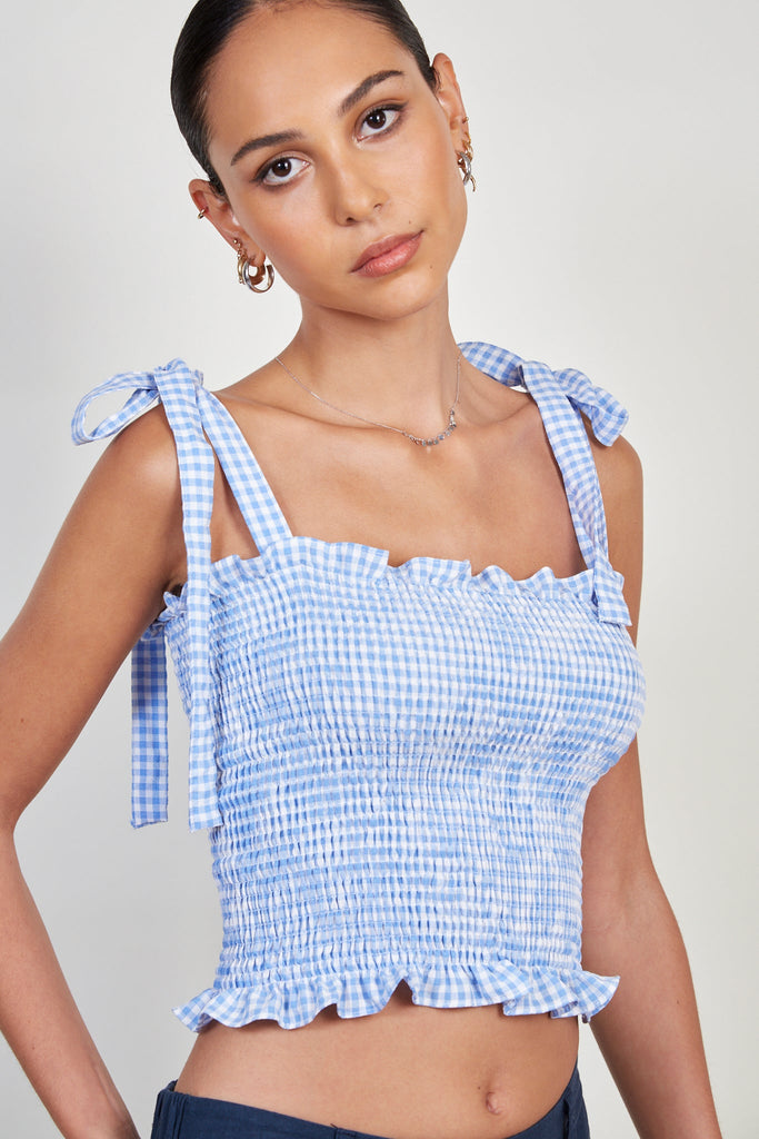 Blue gingham ruched tie strap tank_4
